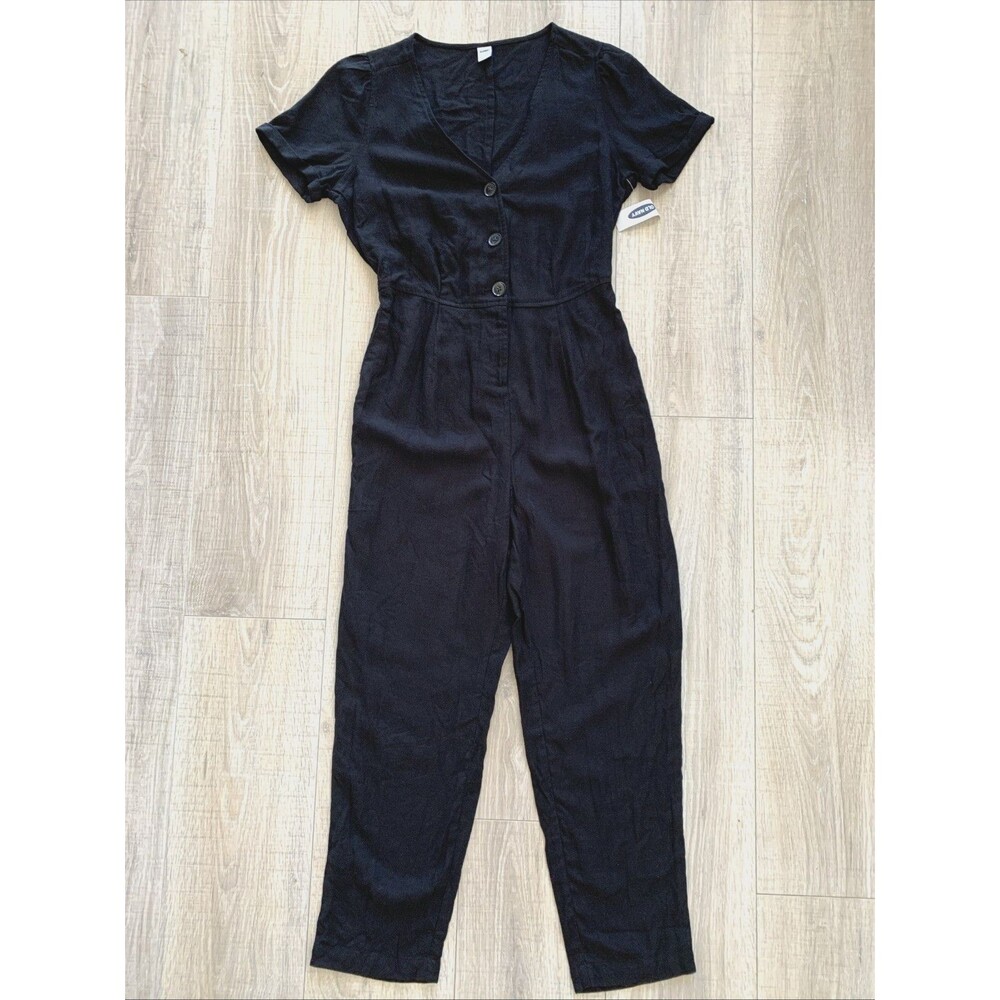 Old Navy Linen-Blend V-Neck Button Front Short Sleeve Jumpsuit Black Women's S